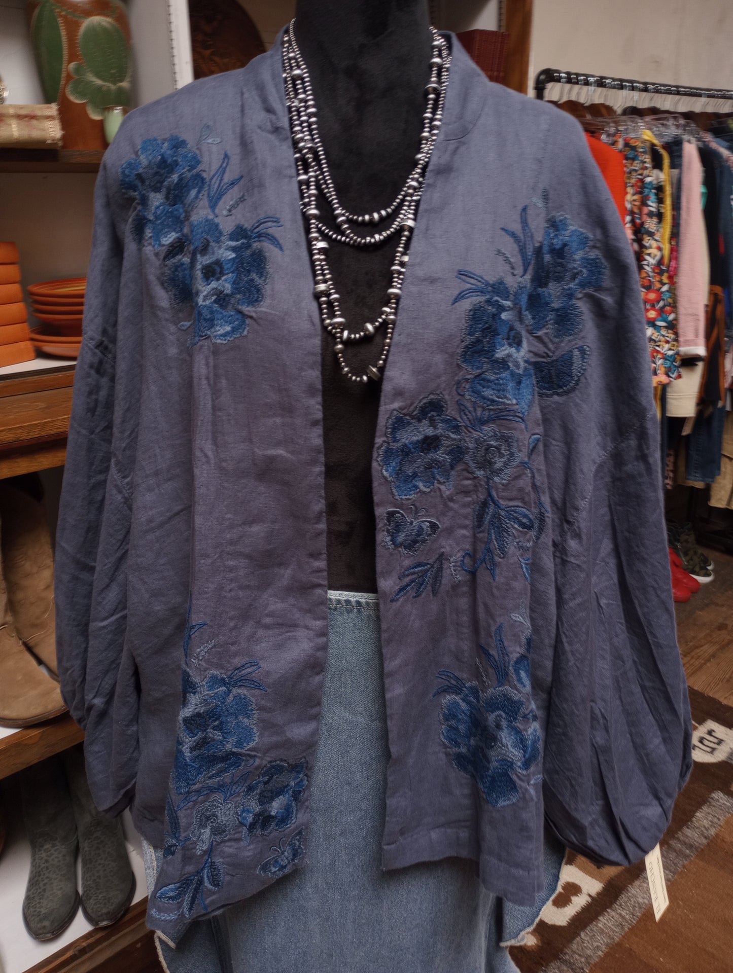 Heavily Embroidered Sundance Linen Cardigan in Brushed Navy