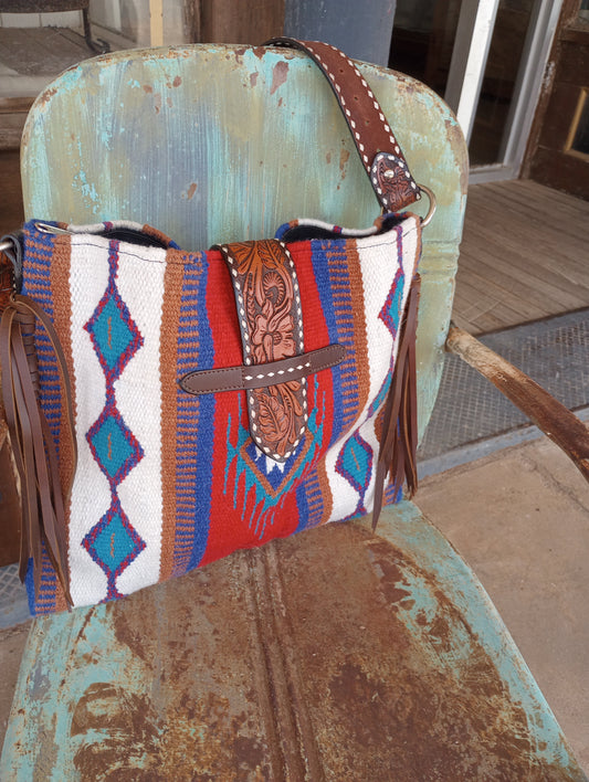 Woven Saddle Blanket Purse w/Tooled Leather Strap