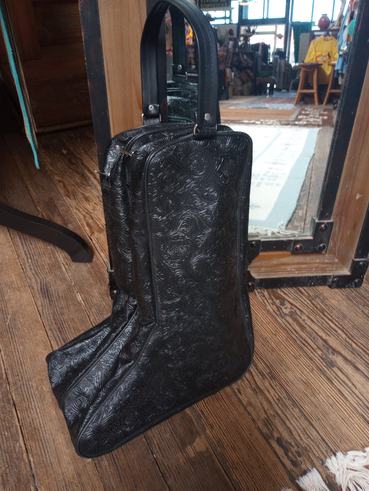 Black Faux Tooled Leather Boot Bag