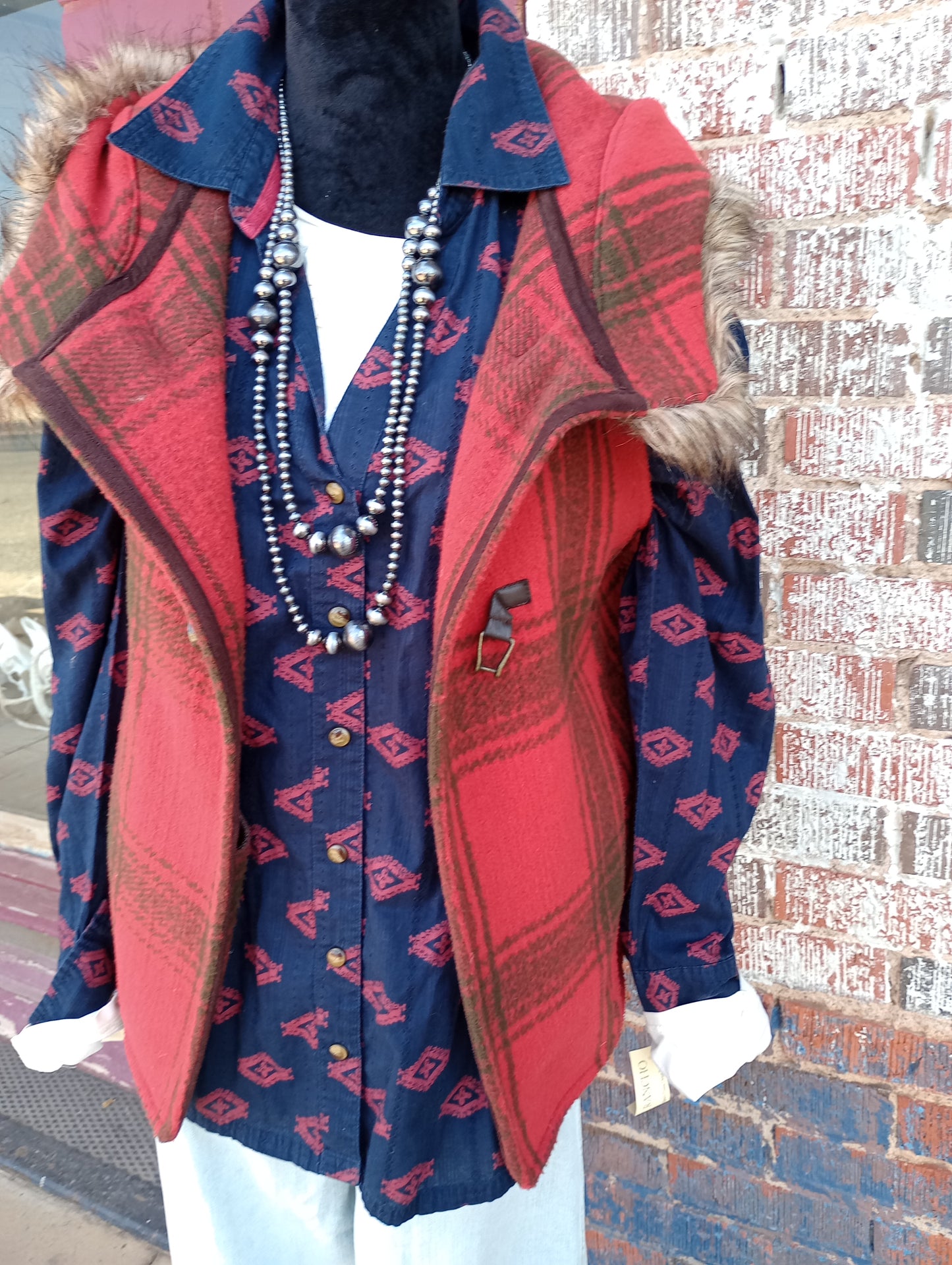 Tasha Polizzi Red/Brown Flannel Plaid Vest Sz S