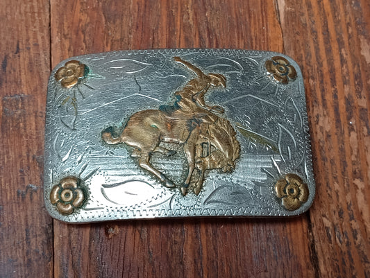 Vintage Buckin' Bronc Buckle with Floral Corners