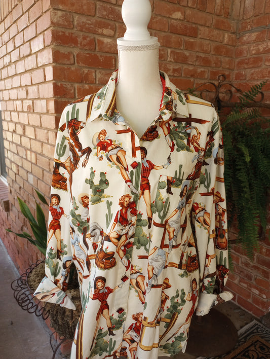 Vintage Cowgirl Print Button Up Blouse