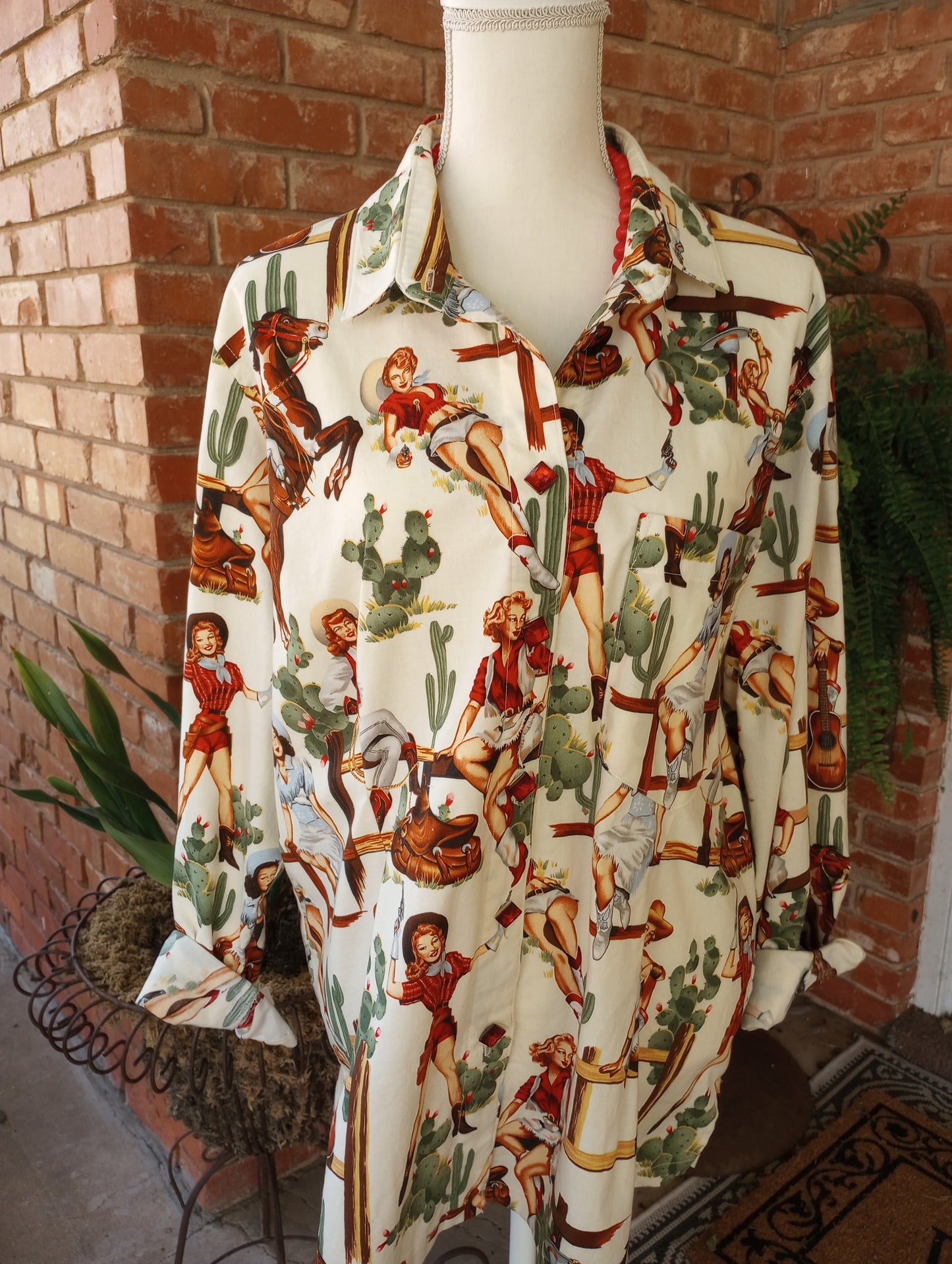Vintage Cowgirl Print Button Up Blouse