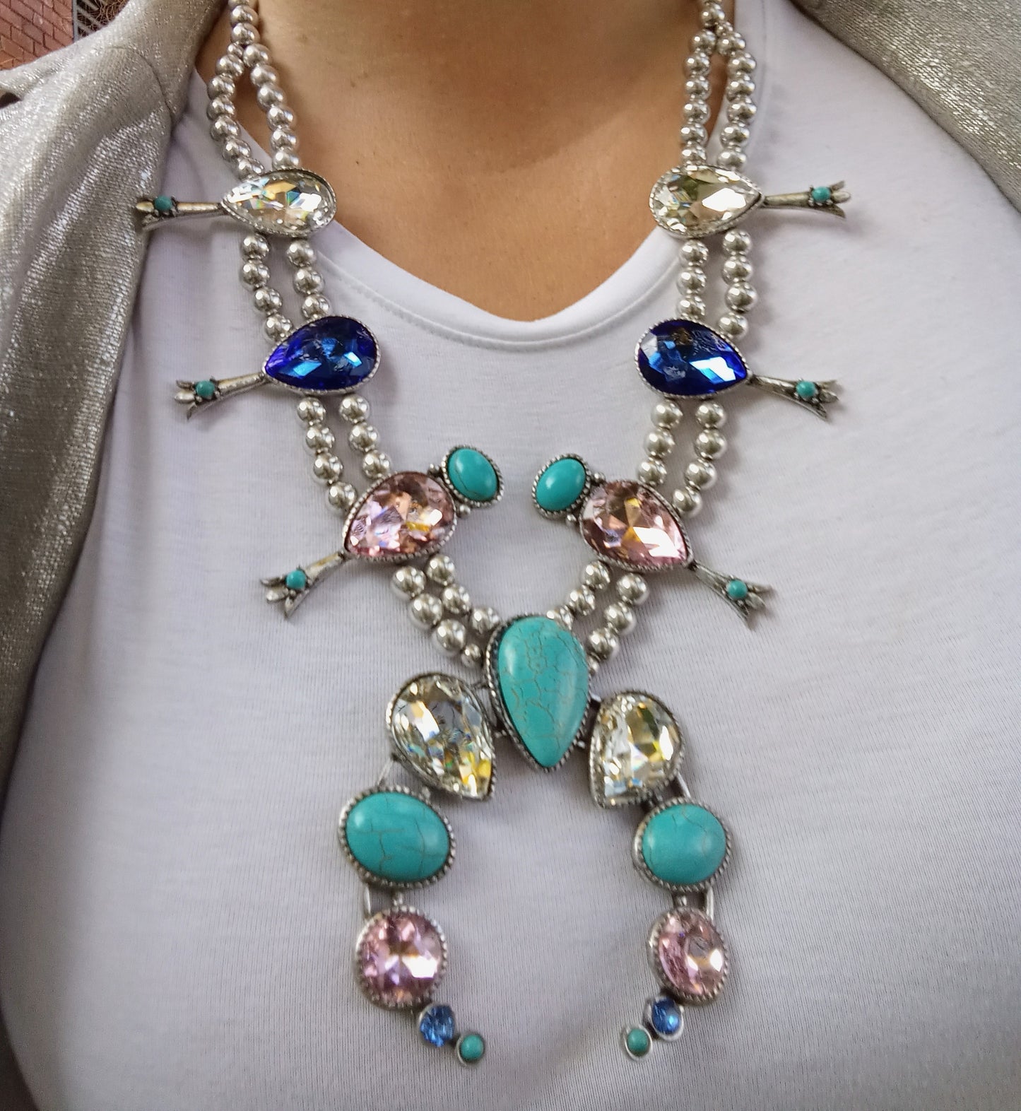 Faux Squash Blossom Necklace with Turquoise and Colored Gemstone blossoms