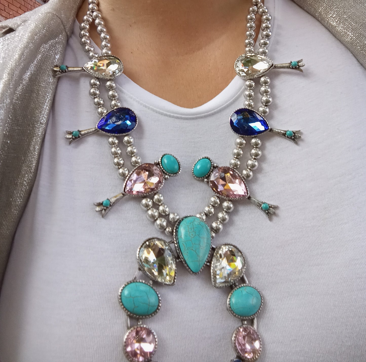 Faux Squash Blossom Necklace with Turquoise and Colored Gemstone blossoms