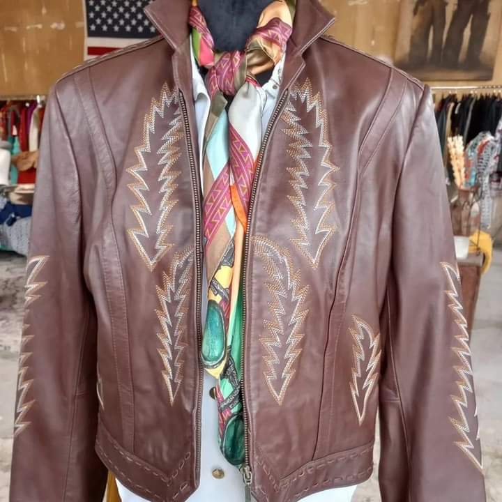 Brown Leather Jacket with Boot Stitch Embroidery