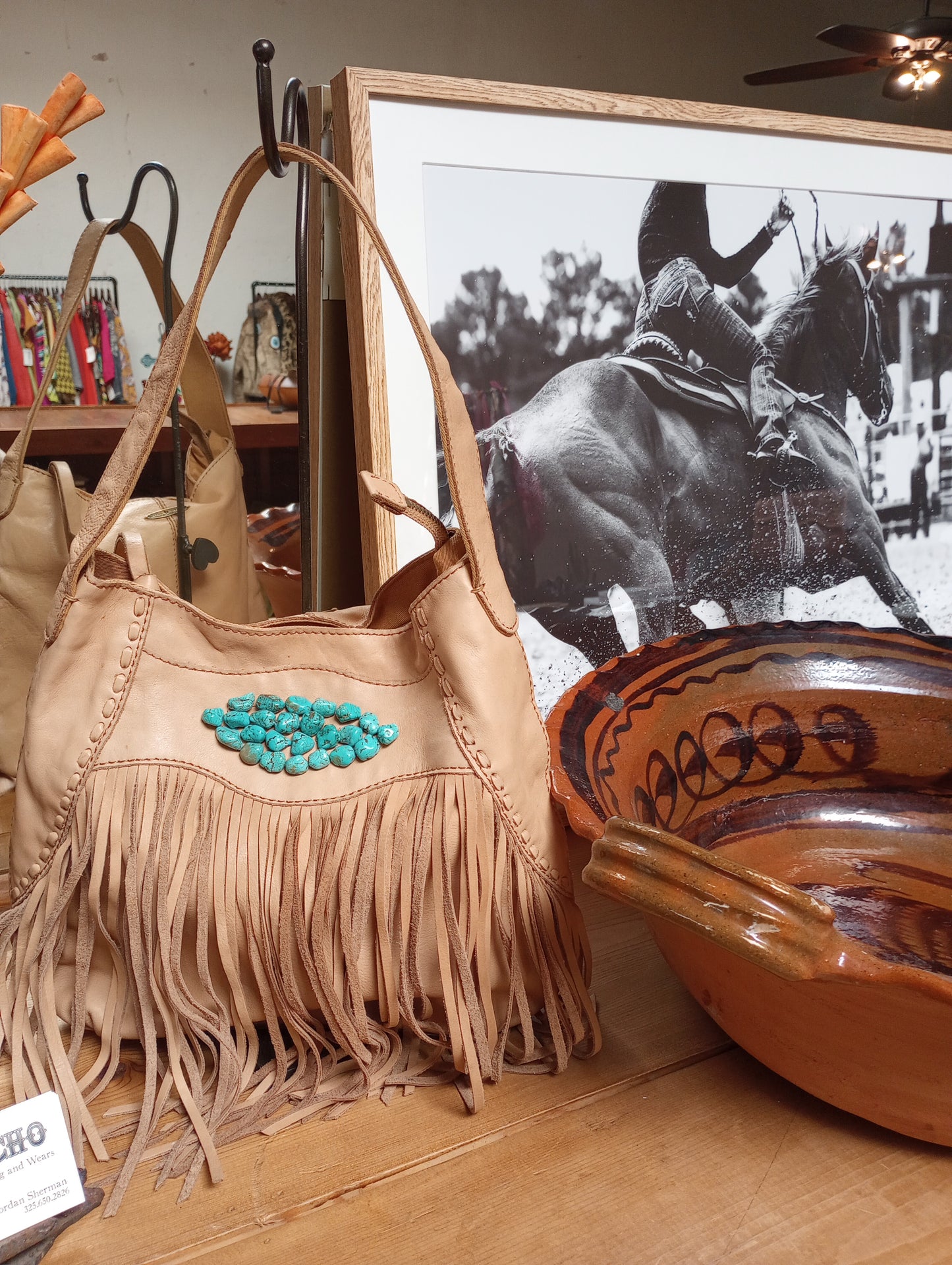 Leather Fringe Purse w/ Turquoise Chunks Sewn Into Front Panel Design