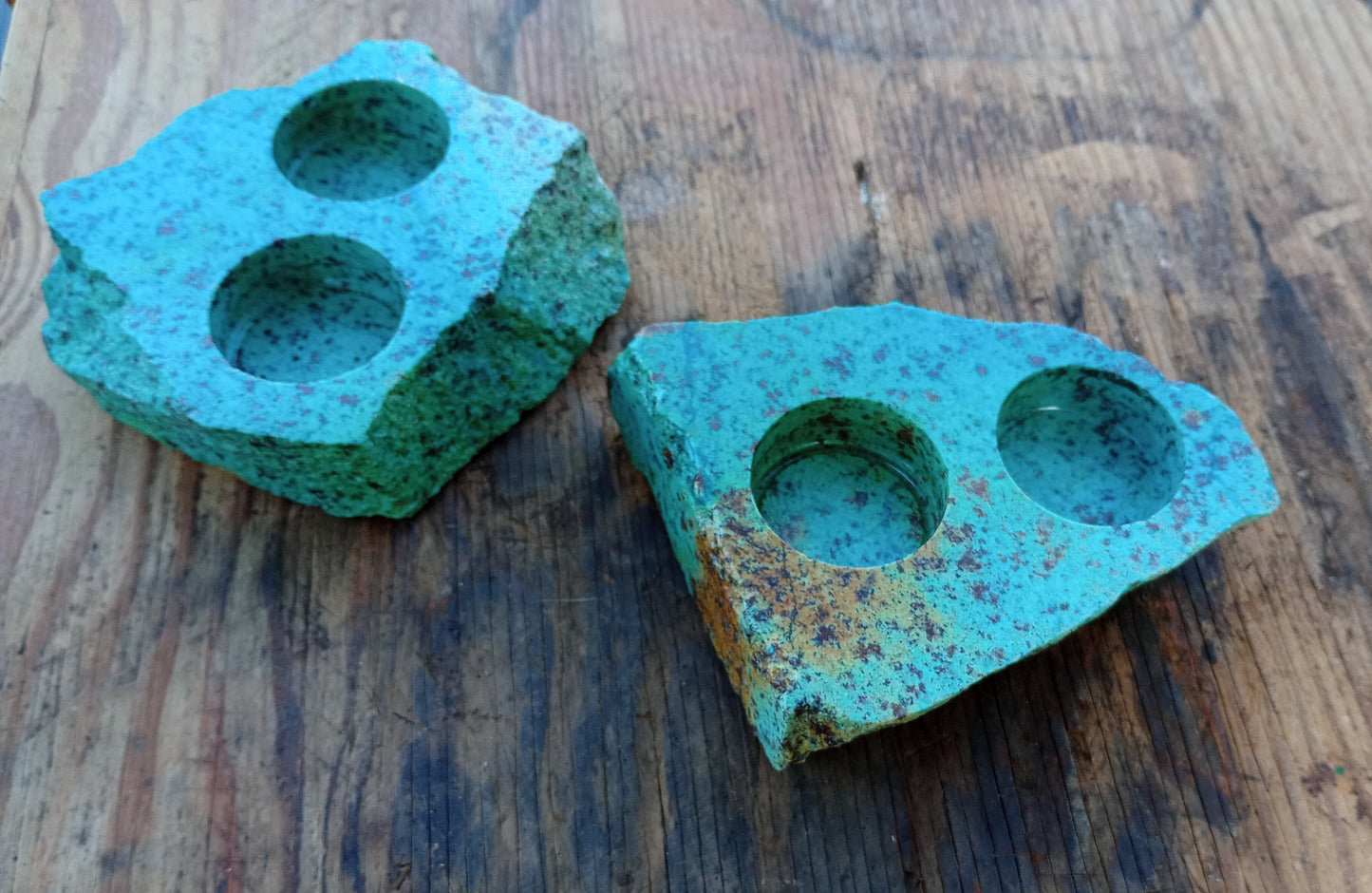 Pair of Stone Candle Holders - Turquoise in Color